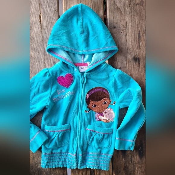 Disney DOC MCSTUFFINS SZ 2T VGUC TURQUOISE DOC MCSTUFFINS Velour Sweatshirt Hood